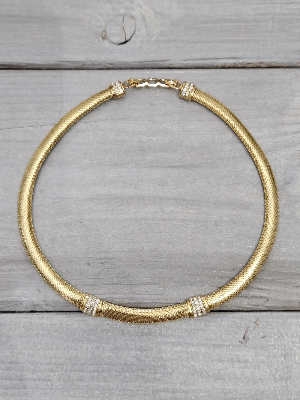 Dior Gold Mesh Collar Necklace with Crystal Bands - Women Jewelry